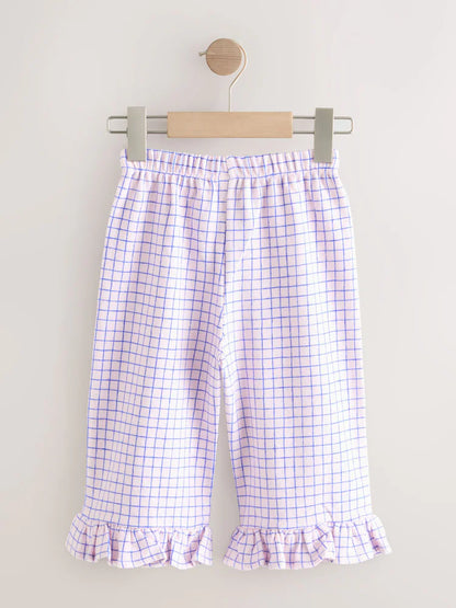 |Girl| Calças De Perna Larga Com Babados e Estampa Xadrez Rosa/Azul (3 meses a 7 anos)