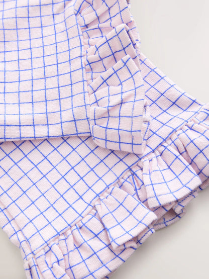 |Girl| Calças De Perna Larga Com Babados e Estampa Xadrez Rosa/Azul (3 meses a 7 anos)