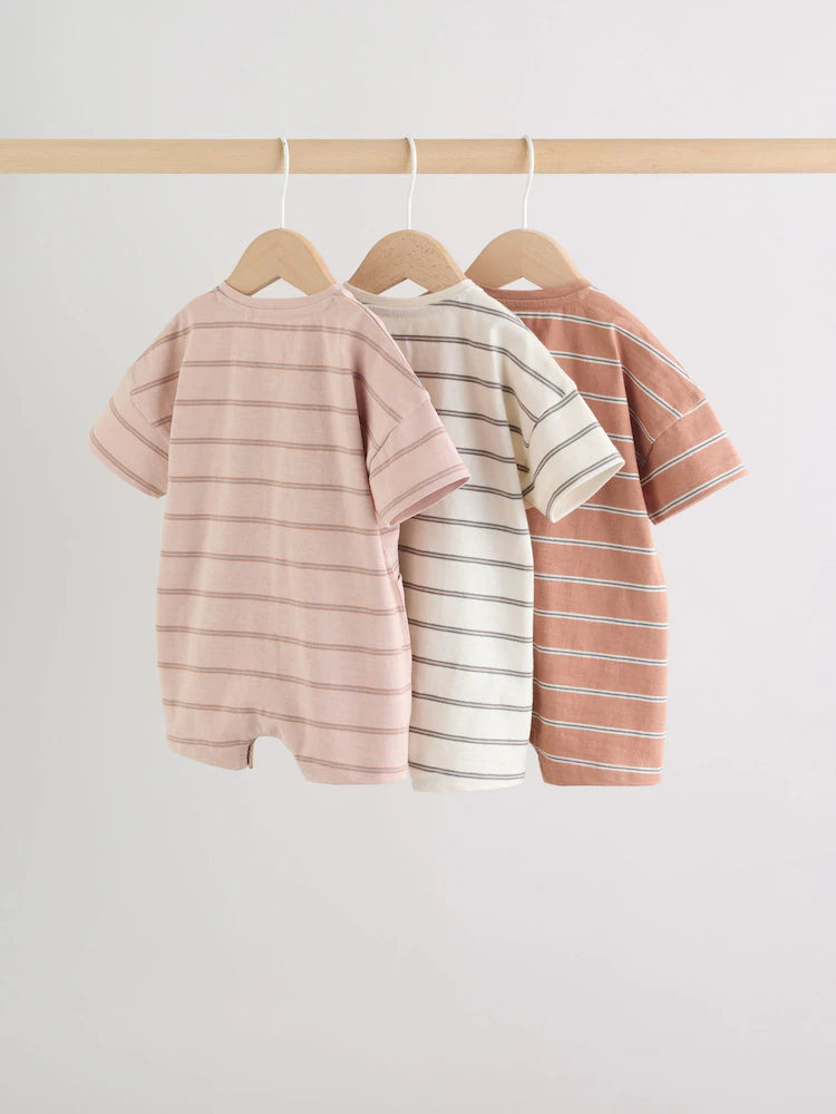 |BabyBoy| Conjunto Com 3 Macacões De Bebê Em Malha Listrada Neutra