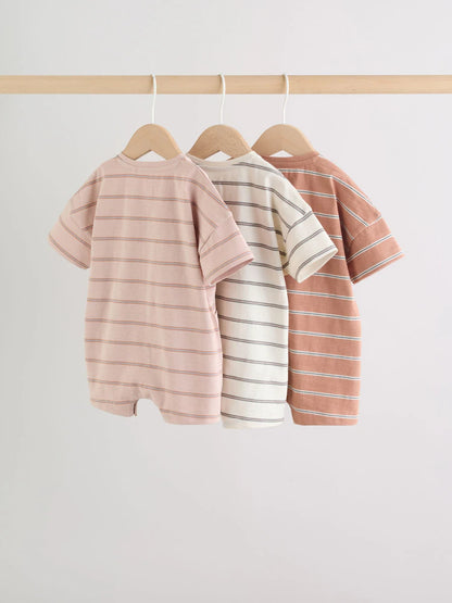 |BabyBoy| Conjunto Com 3 Macacões De Bebê Em Malha Listrada Neutra