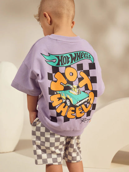 |Boy| Conjunto De Camiseta Curta Xadrez Lilás e Roxa Hot Wheels (9 meses a 8 anos)