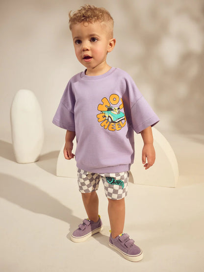 |Boy| Conjunto De Camiseta Curta Xadrez Lilás e Roxa Hot Wheels (9 meses a 8 anos)