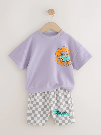 |Boy| Conjunto De Camiseta Curta Xadrez Lilás e Roxa Hot Wheels (9 meses a 8 anos)