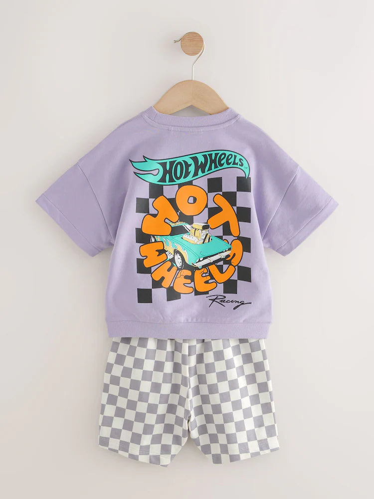 |Boy| Conjunto De Camiseta Curta Xadrez Lilás e Roxa Hot Wheels (9 meses a 8 anos)