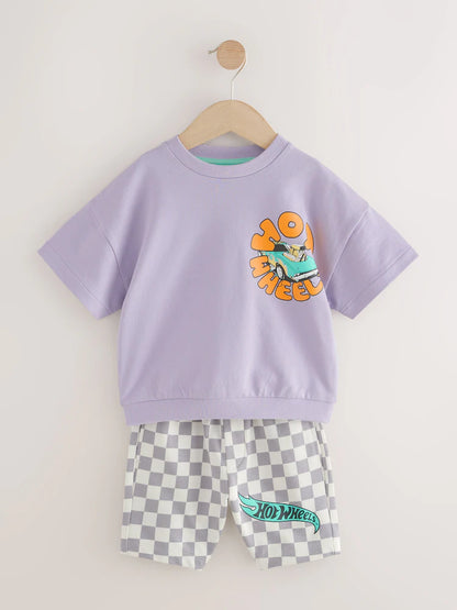 |Boy| Conjunto De Camiseta Curta Xadrez Lilás e Roxa Hot Wheels (9 meses a 8 anos)