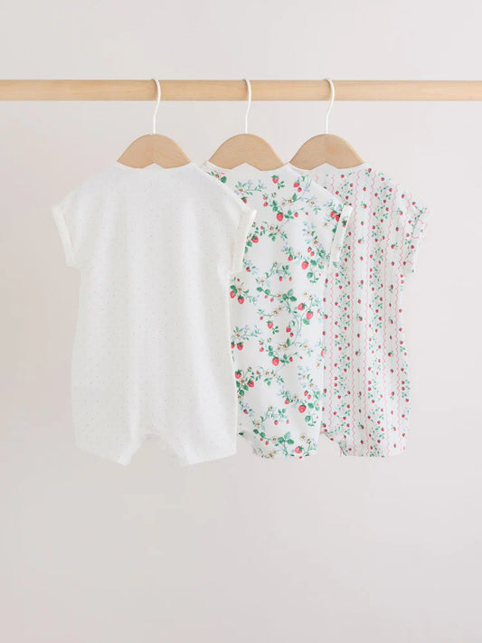 |BabyGirl| Conjunto Com 4 Macacões De Bebê Em Malha Branca Com Estampa De Morangos