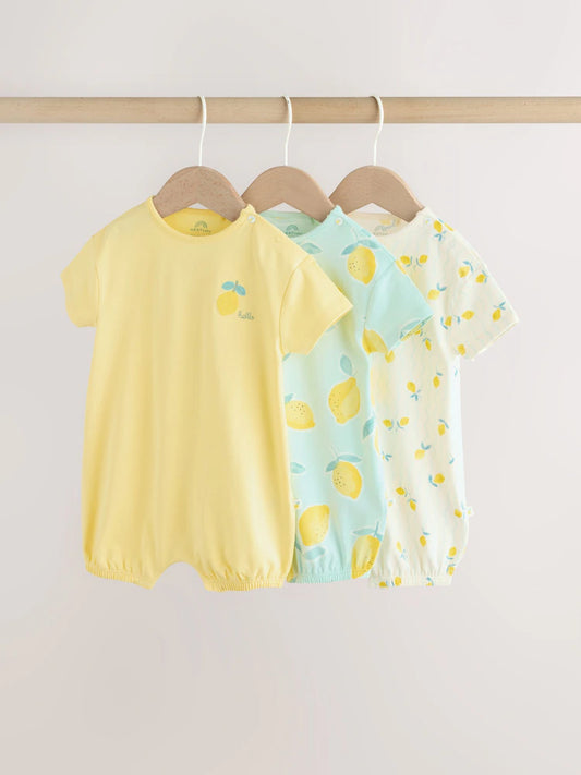 |BabyGirl| Conjunto Com 3 Macacões De Bebê Em Malha Com Estampa De Limão Azul e Amarelo