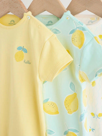 |BabyGirl| Conjunto Com 3 Macacões De Bebê Em Malha Com Estampa De Limão Azul e Amarelo