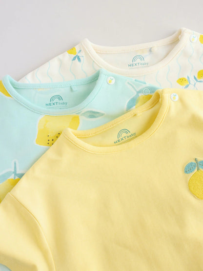 |BabyGirl| Conjunto Com 3 Macacões De Bebê Em Malha Com Estampa De Limão Azul e Amarelo