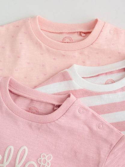|BabyGirl| Conjunto Com 3 Macacões De Bebê Em Malha Listrada Rosa