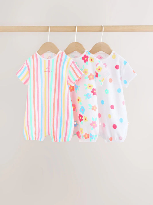 |BabyGirl| Conjunto Com 3 Macacões De Bebê Em Malha Jersey Com Estampa Colorida Por Toda a peça.
