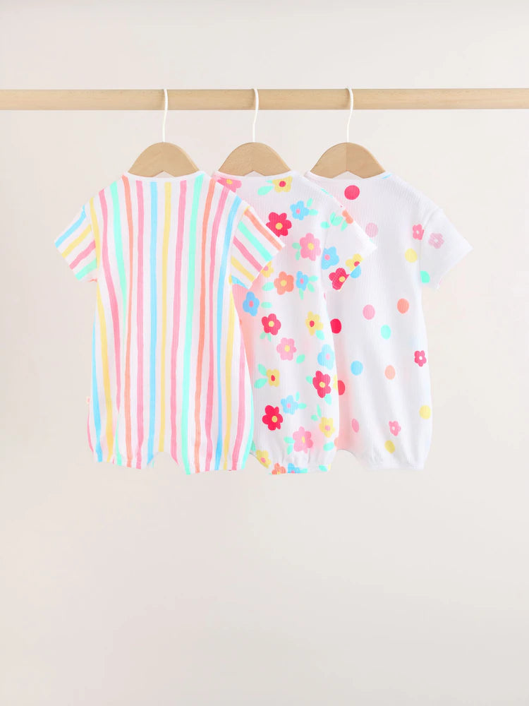 |BabyGirl| Conjunto Com 3 Macacões De Bebê Em Malha Jersey Com Estampa Colorida Por Toda a peça.