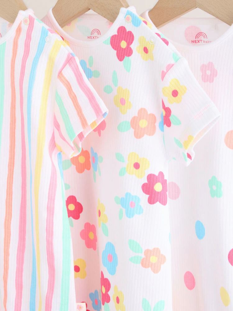 |BabyGirl| Conjunto Com 3 Macacões De Bebê Em Malha Jersey Com Estampa Colorida Por Toda a peça.