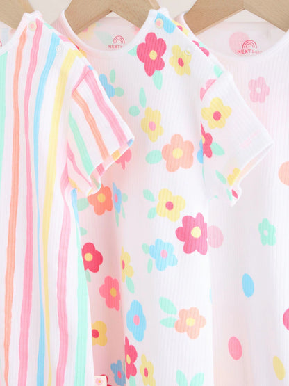 |BabyGirl| Conjunto Com 3 Macacões De Bebê Em Malha Jersey Com Estampa Colorida Por Toda a peça.