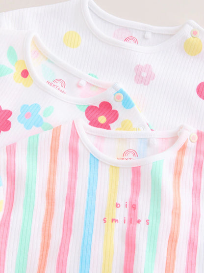 |BabyGirl| Conjunto Com 3 Macacões De Bebê Em Malha Jersey Com Estampa Colorida Por Toda a peça.