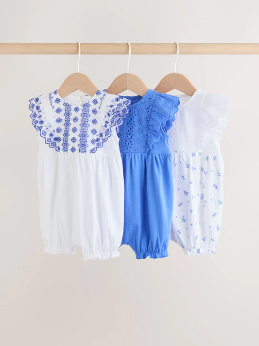 |BabyGirl| Conjunto De 3 Macacões De Bebê Com Bordado Floral Azul