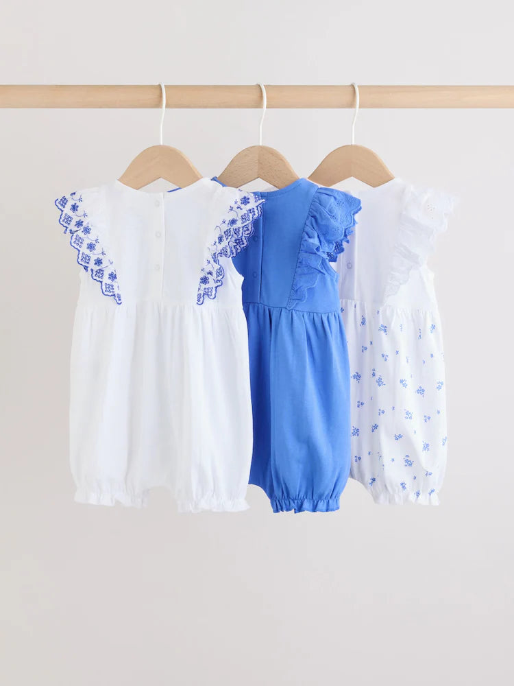 |BabyGirl| Conjunto De 3 Macacões De Bebê Com Bordado Floral Azul