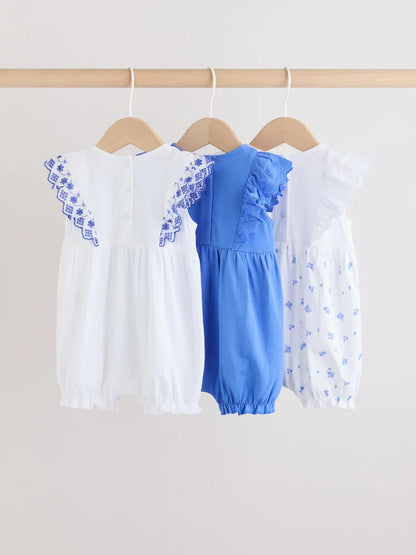 |BabyGirl| Conjunto De 3 Macacões De Bebê Com Bordado Floral Azul