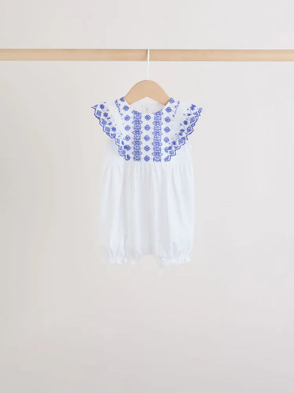 |BabyGirl| Conjunto De 3 Macacões De Bebê Com Bordado Floral Azul