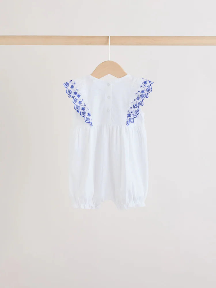 |BabyGirl| Conjunto De 3 Macacões De Bebê Com Bordado Floral Azul