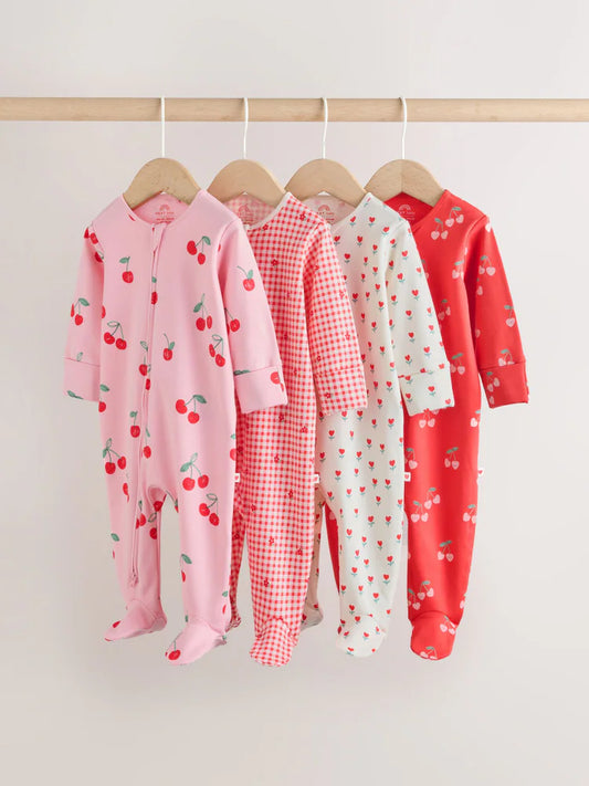 |BabyGirl| Conjunto De 4 Macacões De Dormir Para Bebês Nas Cores Vermelho e Rosa Com Zíper Duplo (0 meses a 2 anos)