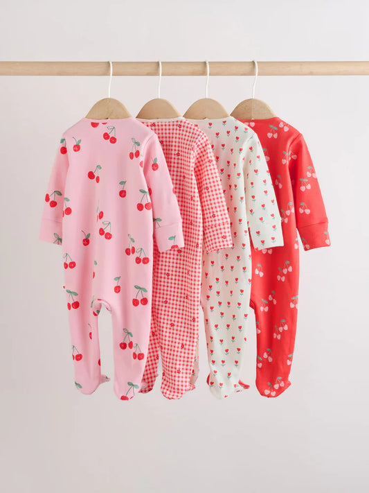 |BabyGirl| Conjunto De 4 Macacões De Dormir Para Bebês Nas Cores Vermelho e Rosa Com Zíper Duplo (0 meses a 2 anos)