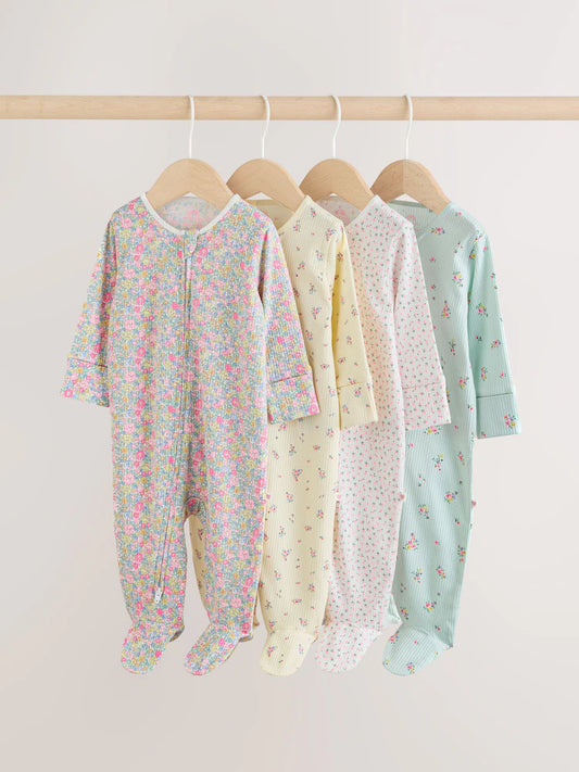 |BabyGirl| Conjunto De 4 Macacões De Dormir Para Bebês Nas Cores Rosa e Amarelo Com Zíper Duplo (0-2 anos)