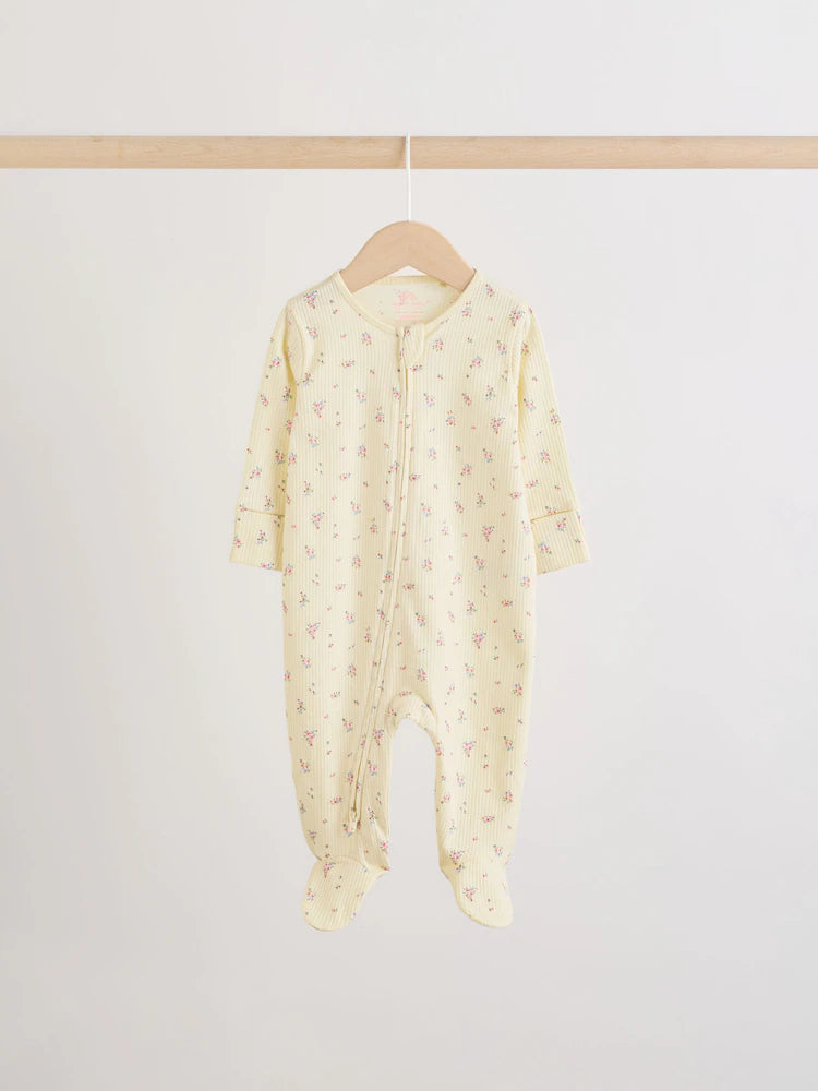 |BabyGirl| Conjunto De 4 Macacões De Dormir Para Bebês Nas Cores Rosa e Amarelo Com Zíper Duplo (0-2 anos)