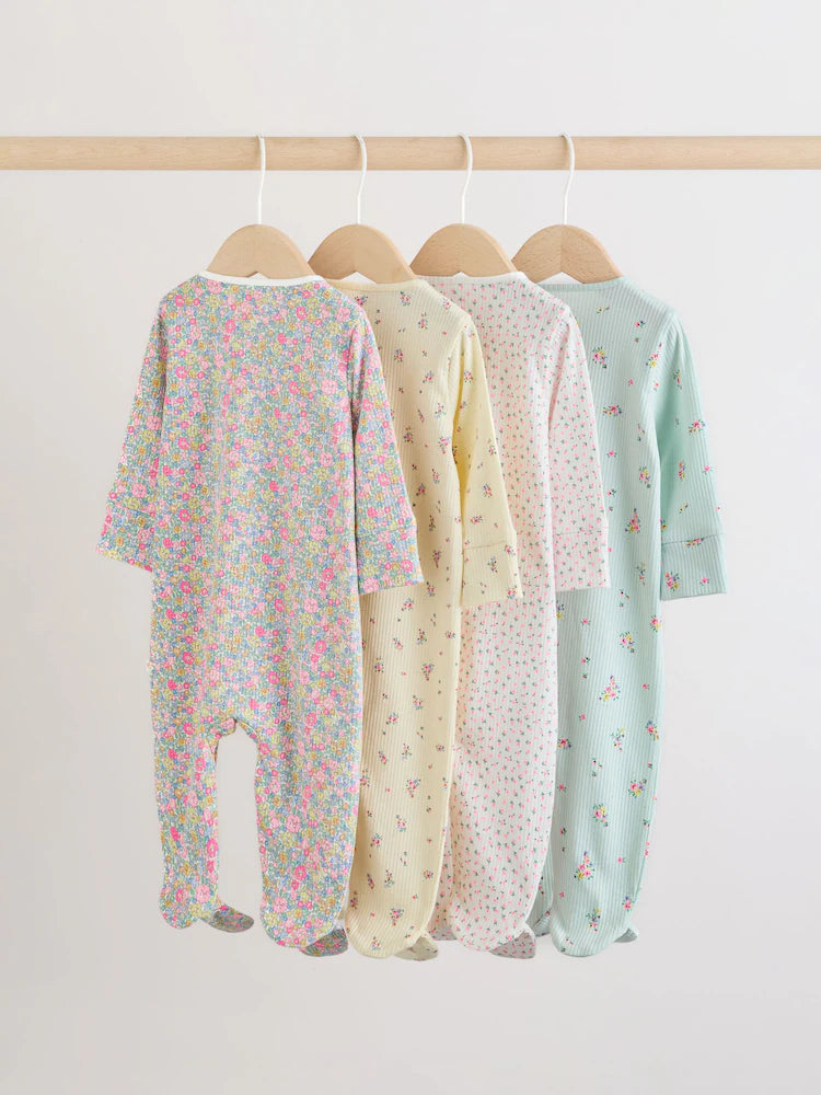 |BabyGirl| Conjunto De 4 Macacões De Dormir Para Bebês Nas Cores Rosa e Amarelo Com Zíper Duplo (0-2 anos)