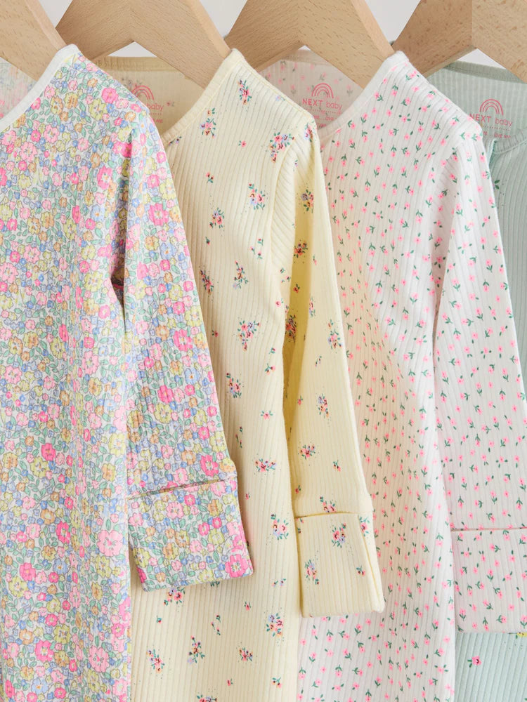 |BabyGirl| Conjunto De 4 Macacões De Dormir Para Bebês Nas Cores Rosa e Amarelo Com Zíper Duplo (0-2 anos)