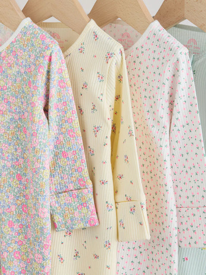 |BabyGirl| Conjunto De 4 Macacões De Dormir Para Bebês Nas Cores Rosa e Amarelo Com Zíper Duplo (0-2 anos)