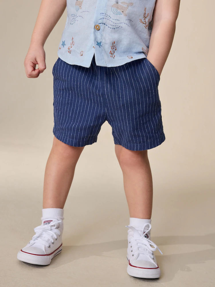 |Boy| Shorts De Linho Listrado Azul-Marinho (3 meses a 7 anos)