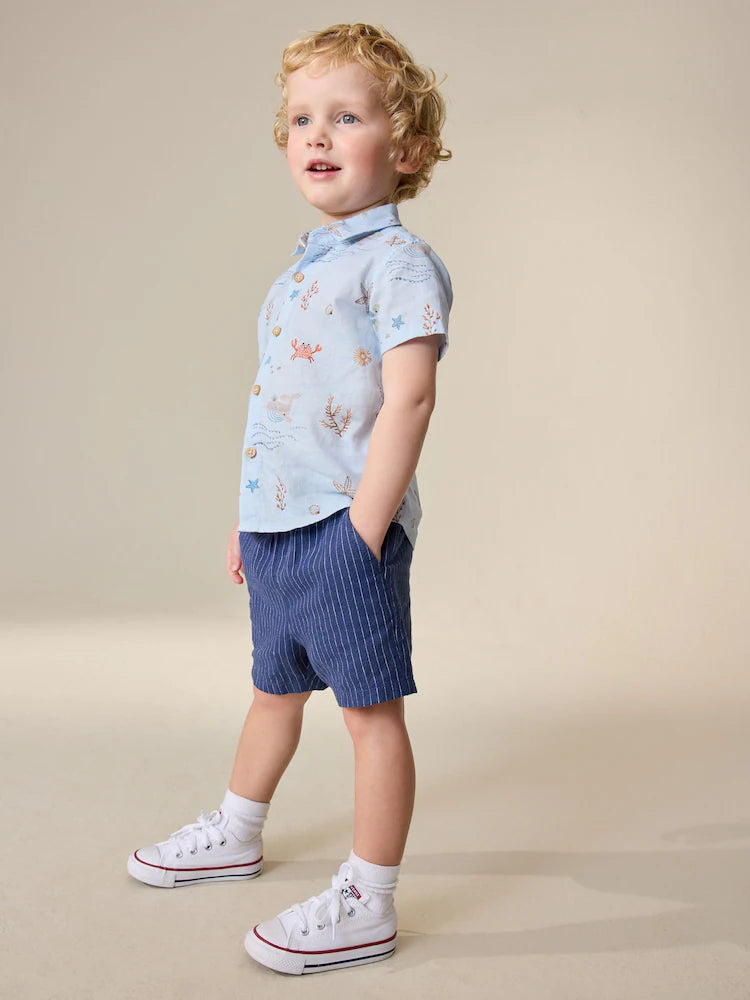 |Boy| Shorts De Linho Listrado Azul-Marinho (3 meses a 7 anos)