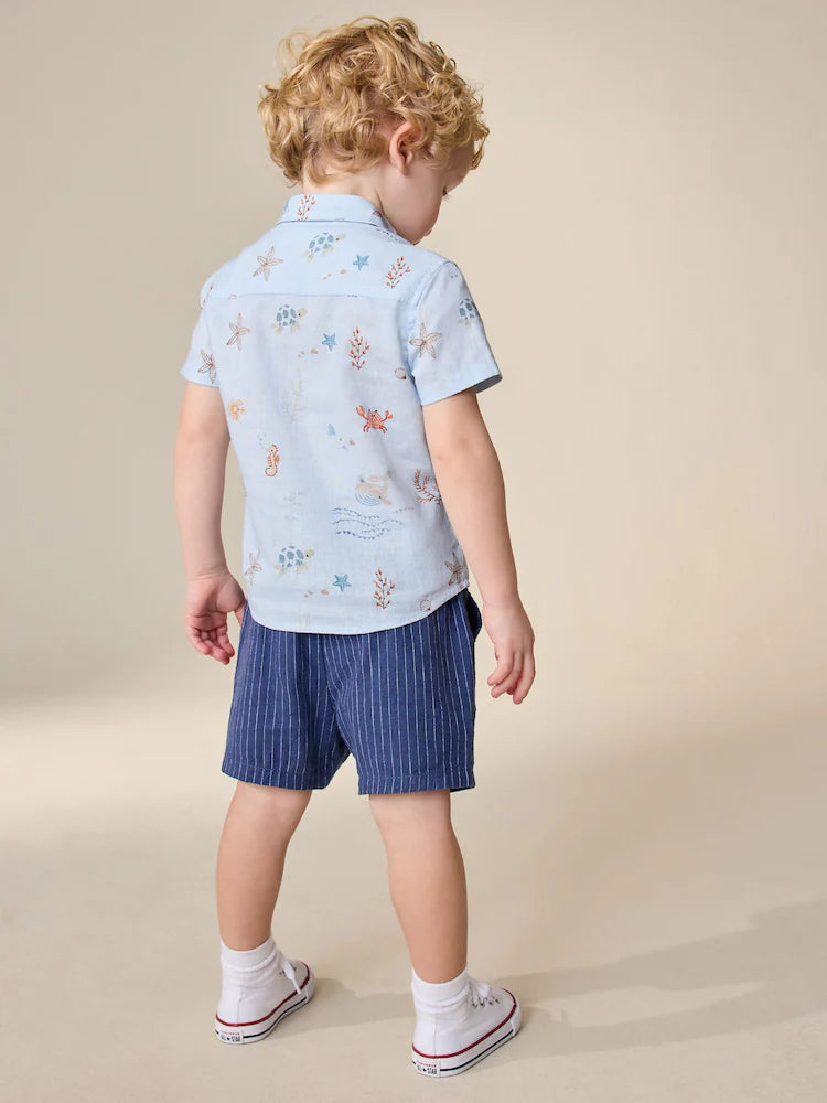 |Boy| Shorts De Linho Listrado Azul-Marinho (3 meses a 7 anos)