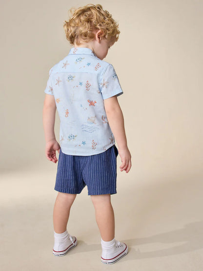 |Boy| Shorts De Linho Listrado Azul-Marinho (3 meses a 7 anos)