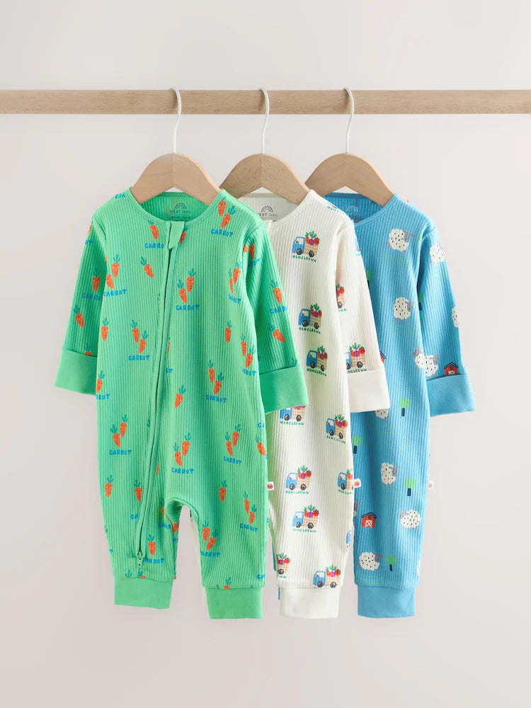 |BabyBoy| Conjunto De 3 Macacões De Dormir Para Bebês Nas Cores Azul e Verde Com Zíper Duplo (0 meses a 3 anos)