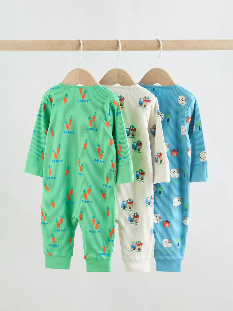 |BabyBoy| Conjunto De 3 Macacões De Dormir Para Bebês Nas Cores Azul e Verde Com Zíper Duplo (0 meses a 3 anos)