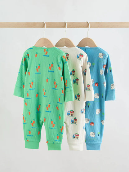 |BabyBoy| Conjunto De 3 Macacões De Dormir Para Bebês Nas Cores Azul e Verde Com Zíper Duplo (0 meses a 3 anos)
