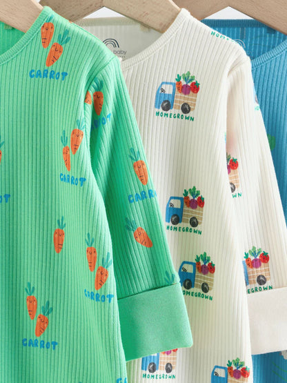 |BabyBoy| Conjunto De 3 Macacões De Dormir Para Bebês Nas Cores Azul e Verde Com Zíper Duplo (0 meses a 3 anos)