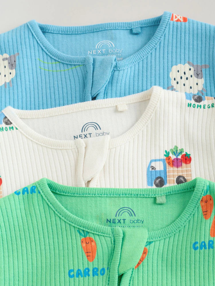 |BabyBoy| Conjunto De 3 Macacões De Dormir Para Bebês Nas Cores Azul e Verde Com Zíper Duplo (0 meses a 3 anos)