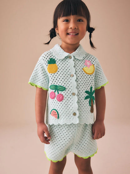 |Girl| Conjunto de Short de Tricô Azul com Bordado em Crochê (3 meses a 7 anos)