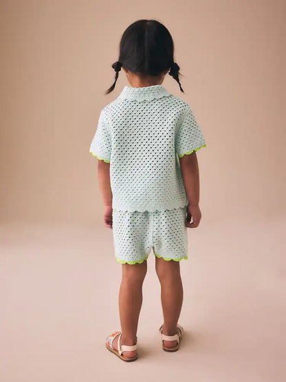 |Girl| Conjunto de Short de Tricô Azul com Bordado em Crochê (3 meses a 7 anos)