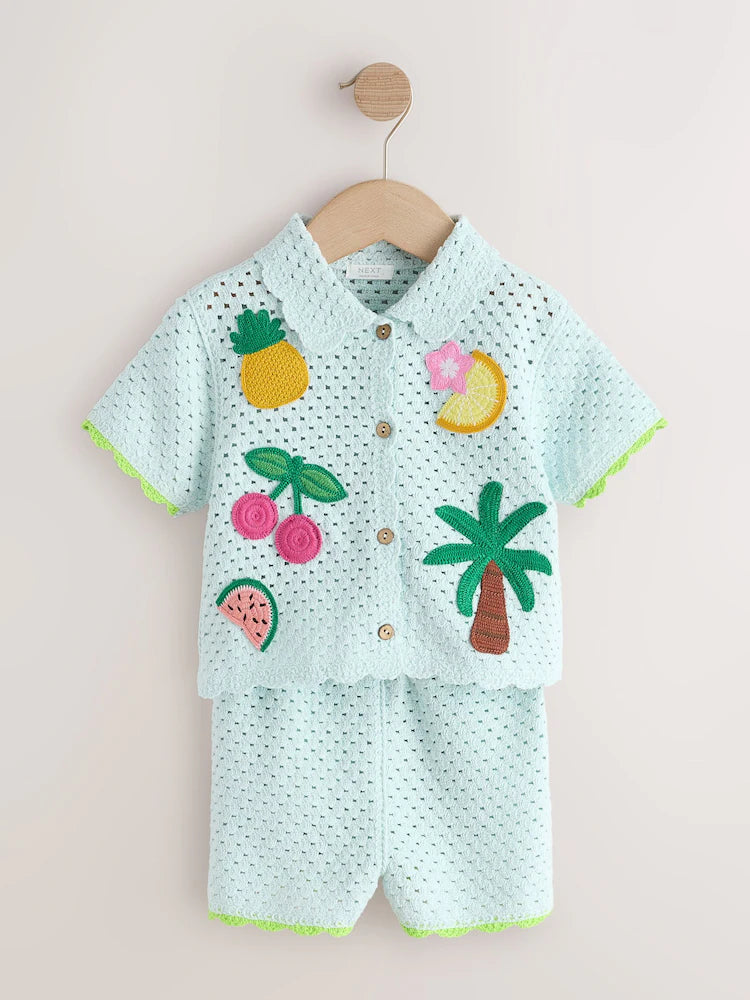 |Girl| Conjunto de Short de Tricô Azul com Bordado em Crochê (3 meses a 7 anos)