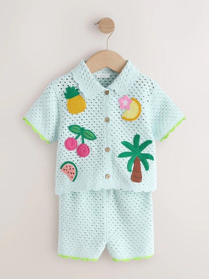 |Girl| Conjunto de Short de Tricô Azul com Bordado em Crochê (3 meses a 7 anos)
