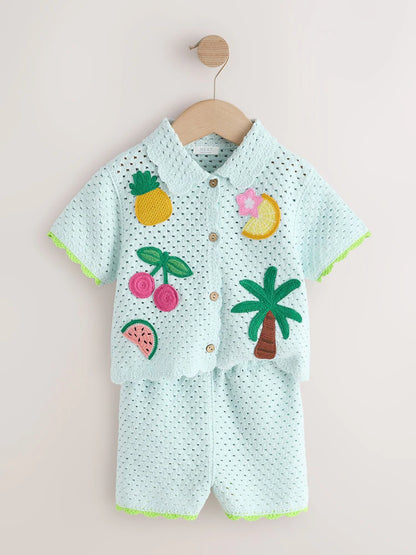|Girl| Conjunto de Short de Tricô Azul com Bordado em Crochê (3 meses a 7 anos)
