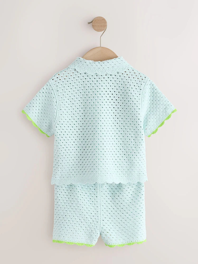 |Girl| Conjunto de Short de Tricô Azul com Bordado em Crochê (3 meses a 7 anos)
