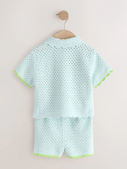 |Girl| Conjunto de Short de Tricô Azul com Bordado em Crochê (3 meses a 7 anos)