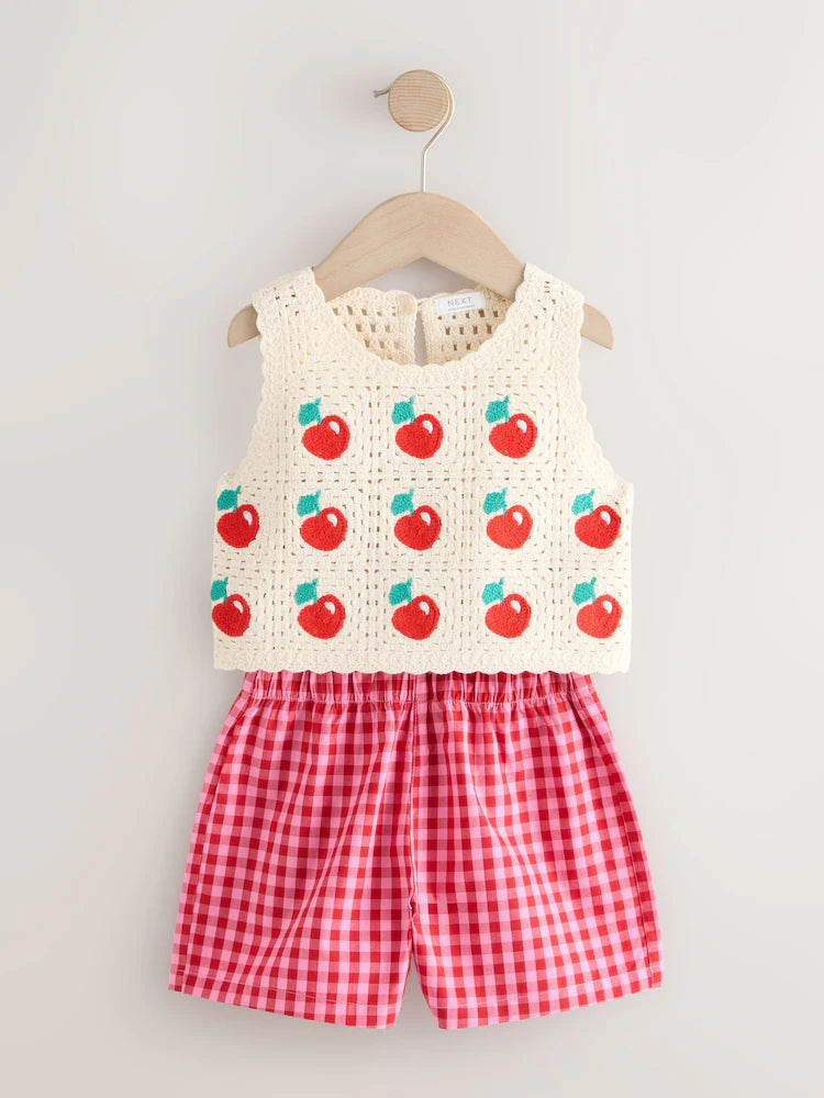 |Girl| Top Vermelho De Crochê Com Estampa De Cereja e Shorts Xadrez Vichy (12 meses a 7 anos)
