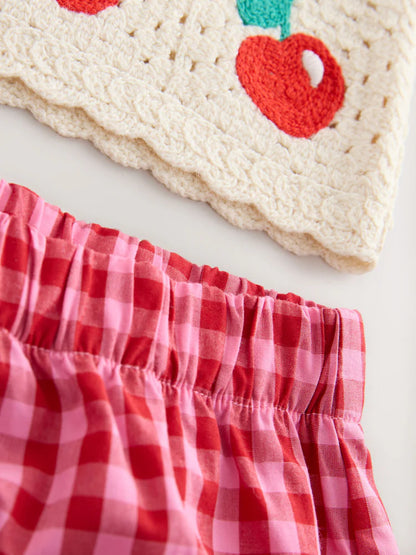 |Girl| Top Vermelho De Crochê Com Estampa De Cereja e Shorts Xadrez Vichy (12 meses a 7 anos)