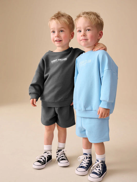 |Boy| Conjunto De Moletom e Shorts Em Cinza Carvão e Azul (2 peças, tamanhos de 3 meses a 7 anos)